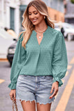 Swiss Dot Notched Neck Flounce Sleeve Blouse - Trendsi - Flyclothing LLC