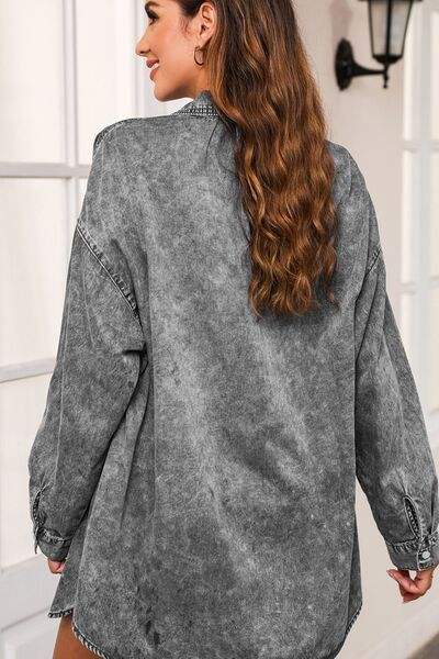 Button Up Dropped Shoulder Denim Top - Trendsi - Flyclothing LLC