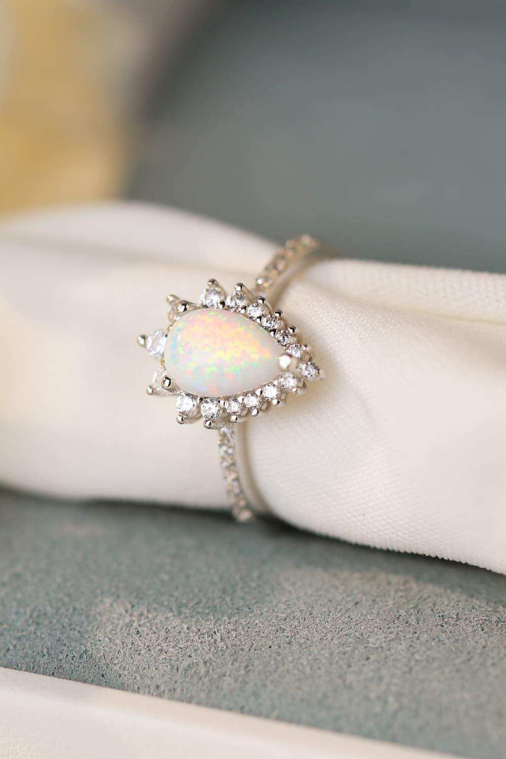 Platinum-Plated Opal Pear Shape Ring - Trendsi - Flyclothing LLC