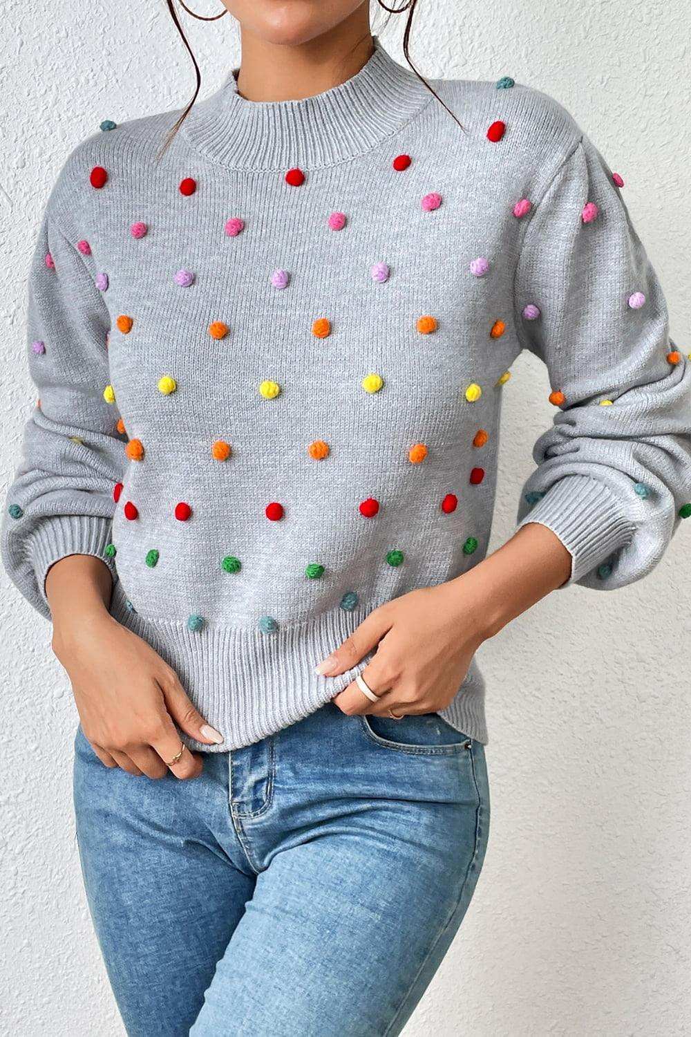 Pom-Pom Trim Mock Neck Long Sleeve Pullover Sweater - Trendsi - Flyclothing LLC