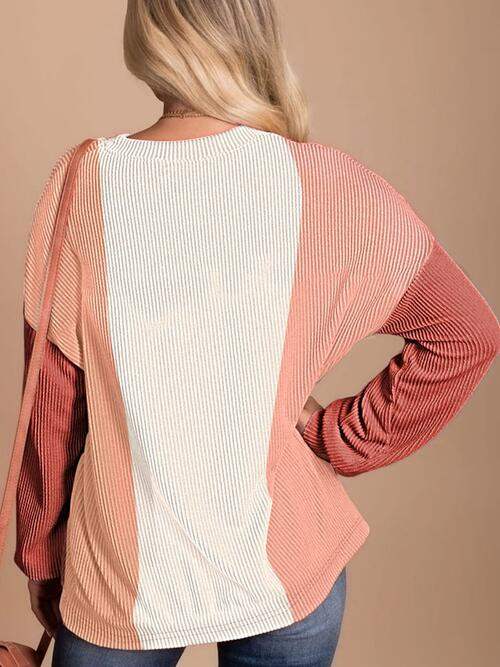 Color Block Ribbed Long Sleeve T-Shirt - Trendsi - Flyclothing LLC