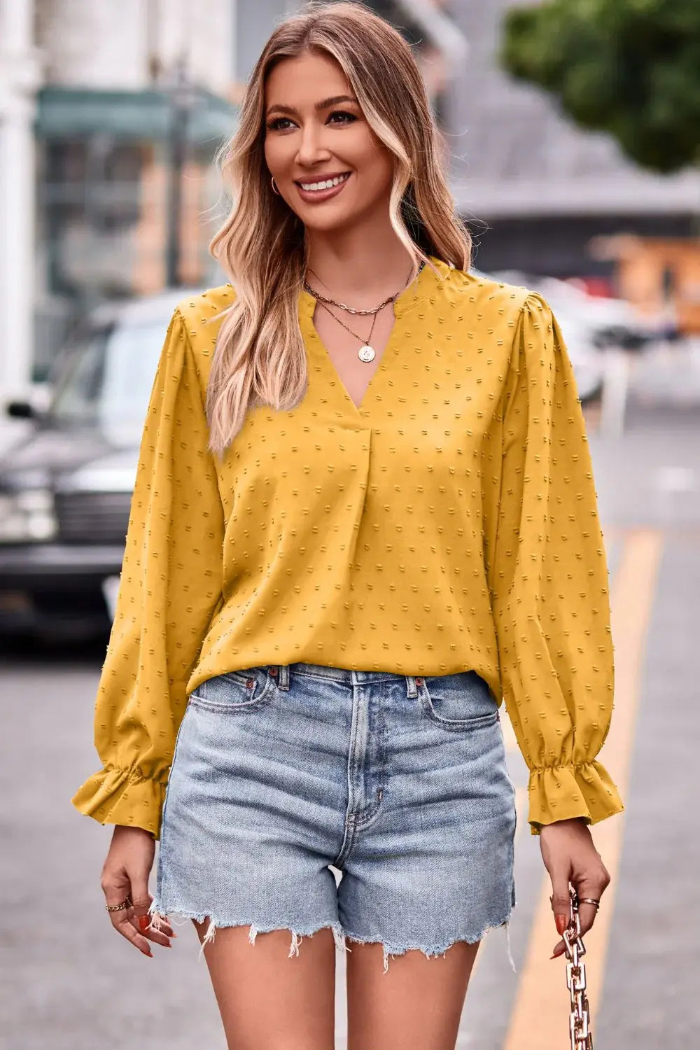 Swiss Dot Notched Neck Flounce Sleeve Blouse - Trendsi - Flyclothing LLC