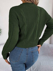 Cable-Knit Buttoned Round Neck Sweater - Trendsi