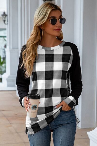Plaid Round Neck Long Sleeve T-Shirt - Trendsi