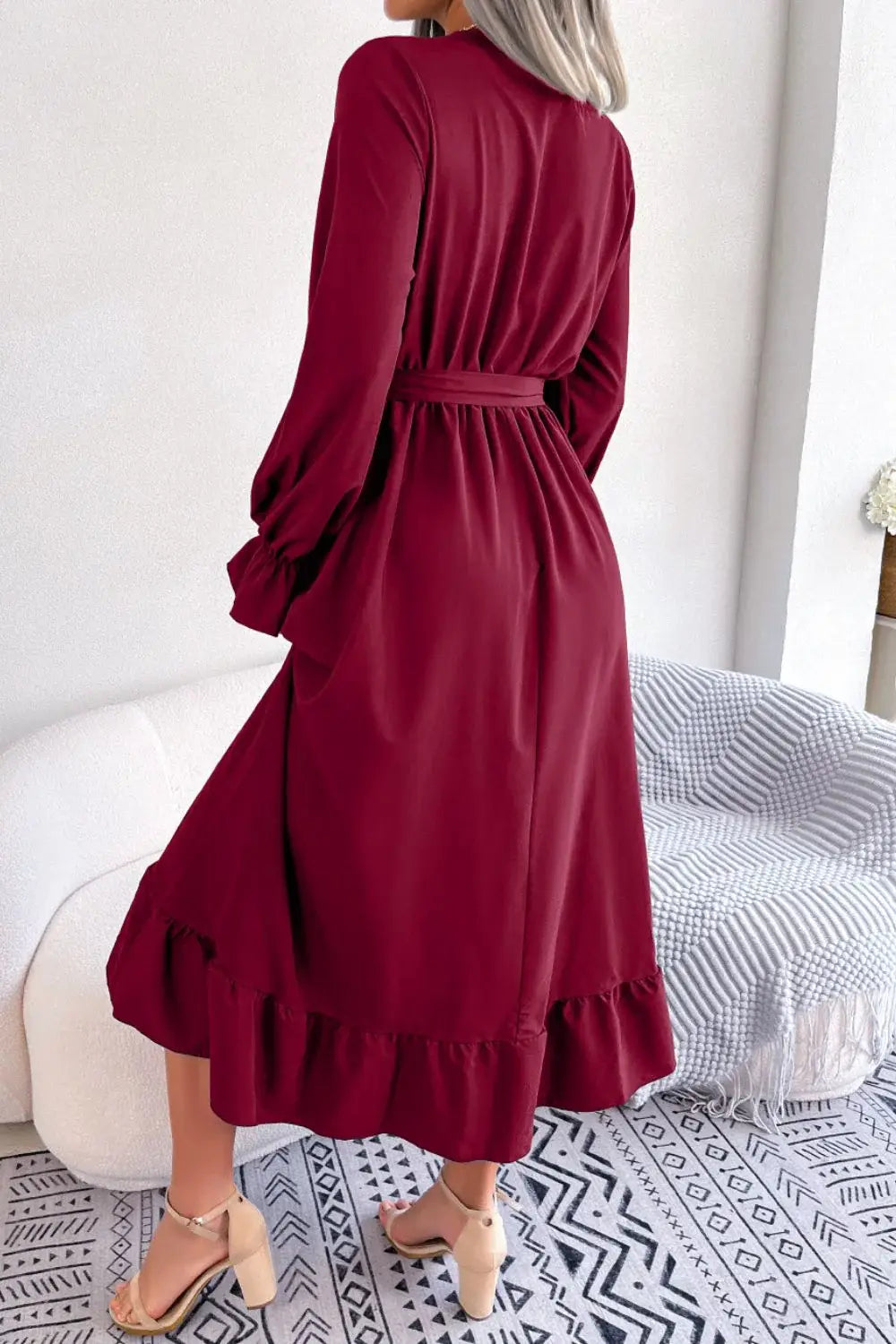 Contrast Belted Flounce Sleeve Dress - Trendsi - Flyclothing LLC