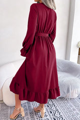 Contrast Belted Flounce Sleeve Dress - Trendsi - Flyclothing LLC