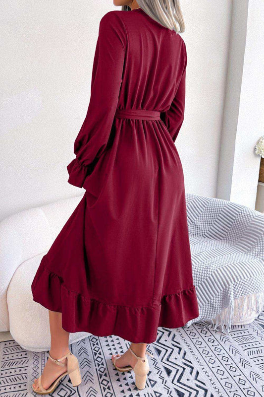 Contrast Belted Flounce Sleeve Dress - Trendsi - Flyclothing LLC