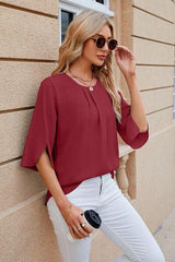 Round Neck Slit Half Sleeve Top - Trendsi