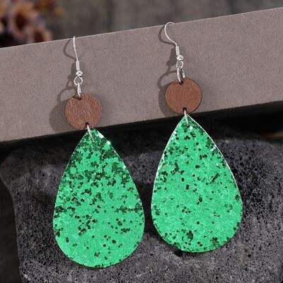 Sequin PU Leather Wooden Dangle Earrings - Trendsi - Flyclothing LLC