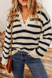 Striped Collared Neck Long Sleeve Sweater - Trendsi - Flyclothing LLC