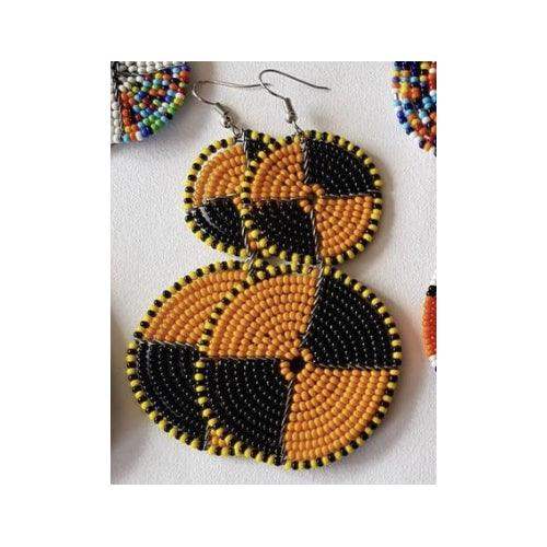 Maasai Bead Double Circle Dangle Earrings, Gold and Black - Jedando - Flyclothing LLC