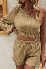 One-Shoulder Balloon Sleeve Crop Top and Shorts Set - Trendsi