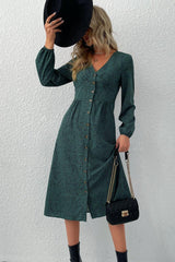 Printed Button Down V-Neck Midi Dress - Trendsi