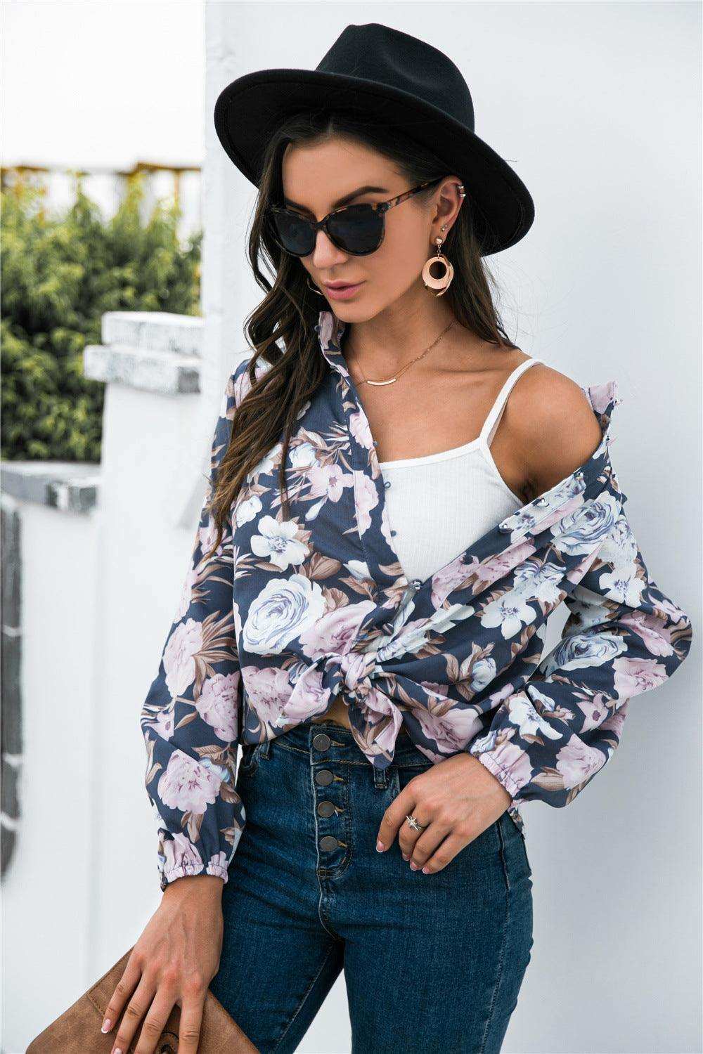 Floral Print Mock Neck Button Front Shirt - Trendsi - Flyclothing LLC