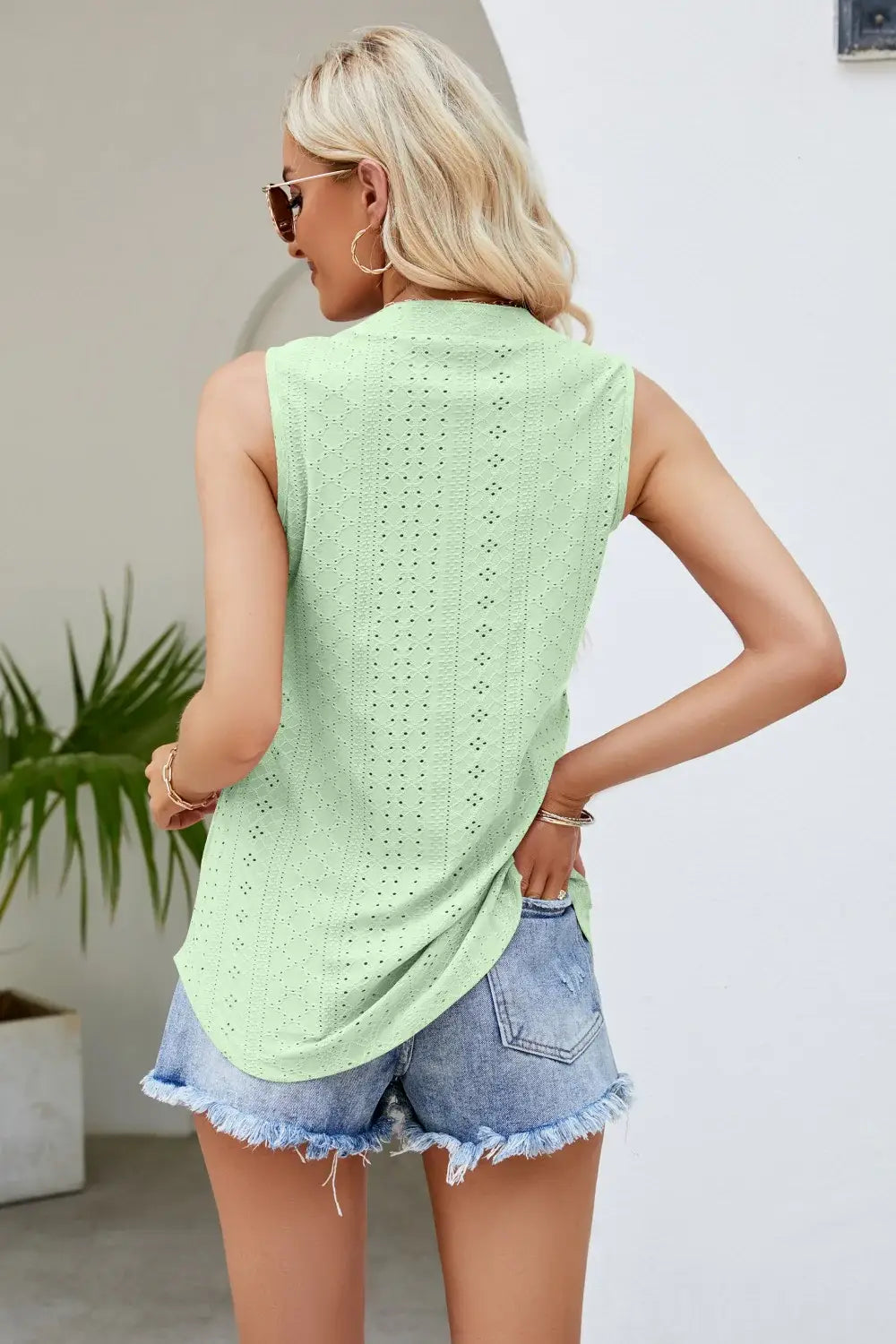 Notched Neck Curved Hem Eyelet Tank - Trendsi - Flyclothing LLC