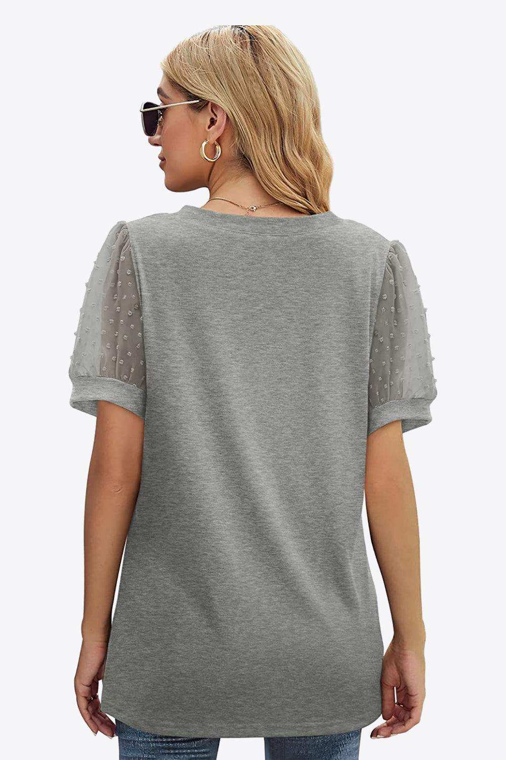 Swiss Dot Puff Sleeve V-Neck Tee - Trendsi - Flyclothing LLC