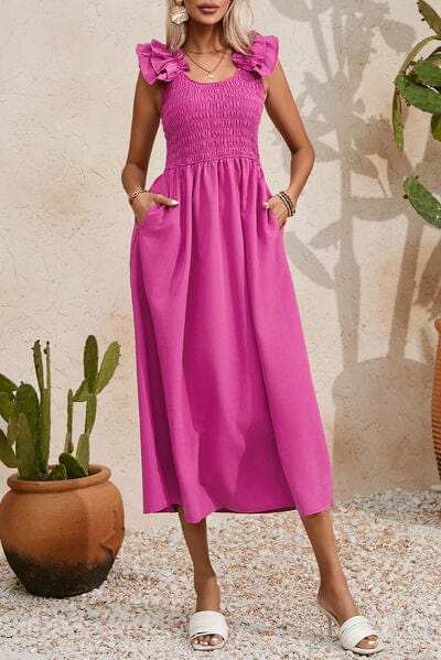 Smocked Ruffled Scoop Neck Midi Dress - Trendsi - Flyclothing LLC