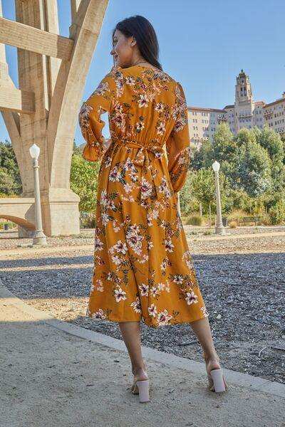 Double Take Full Size Floral Tie Back Flounce Sleeve Dress - Trendsi - Flyclothing LLC