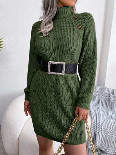 Decorative Button Turtleneck Sweater Dress - Trendsi - Flyclothing LLC