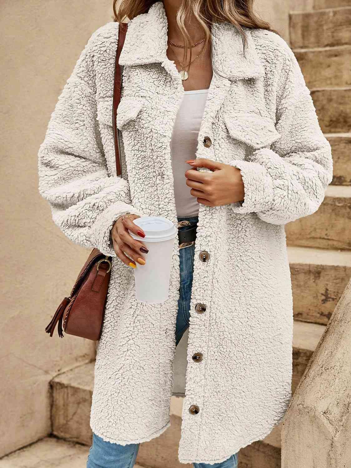 Collared Button Down Coat - Trendsi