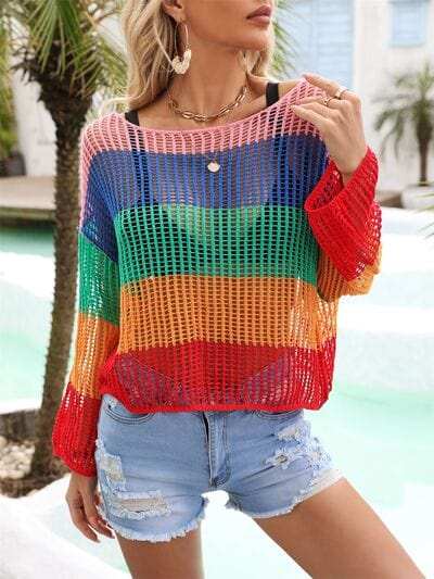 Color Block Openwork Boat Neck Cover Up - Trendsi - Flyclothing LLC