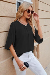 Round Neck Slit Half Sleeve Top - Trendsi