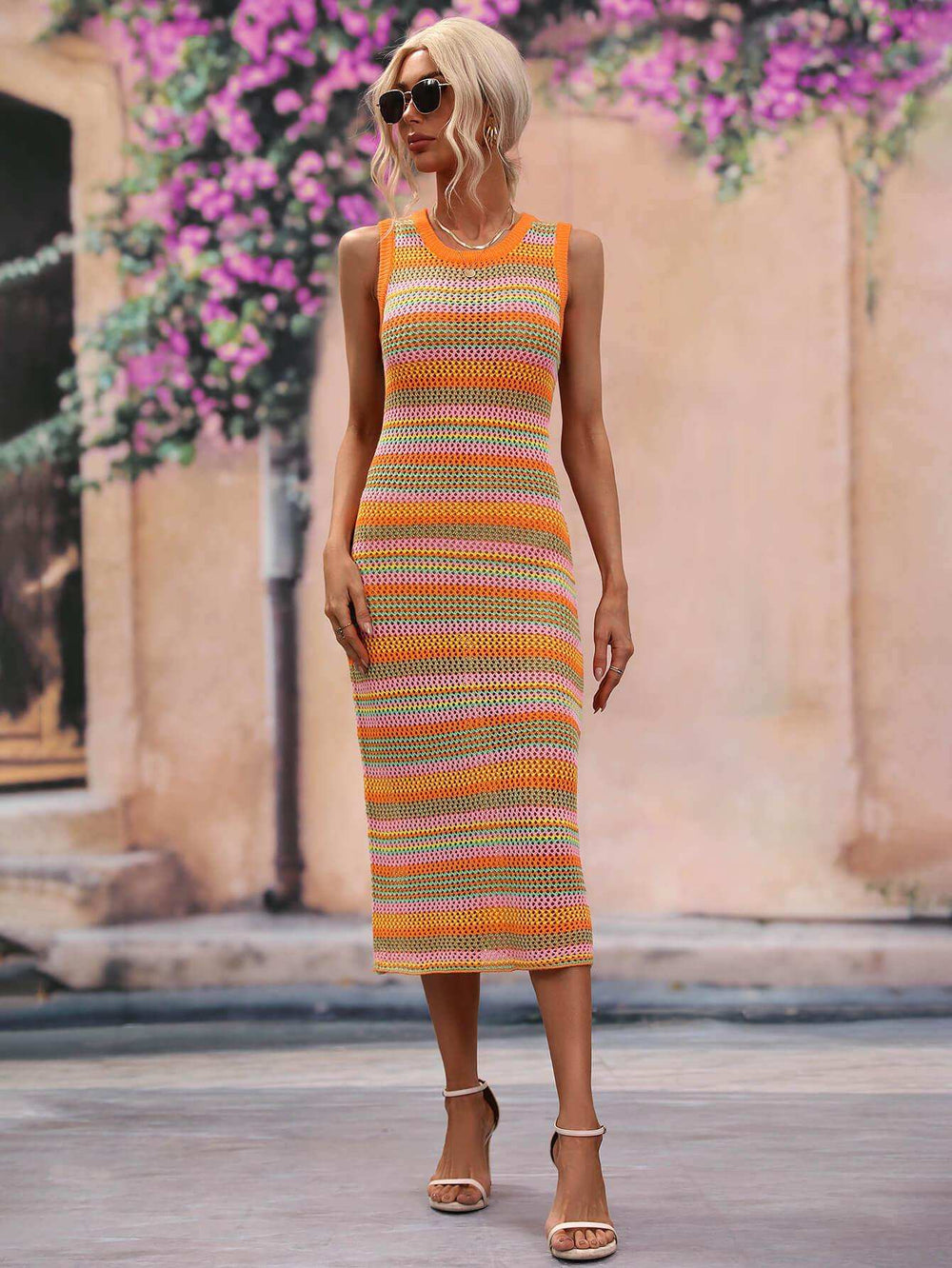 Striped Round Neck Sleeveless Midi Cover Up Dress - Trendsi - Flyclothing LLC