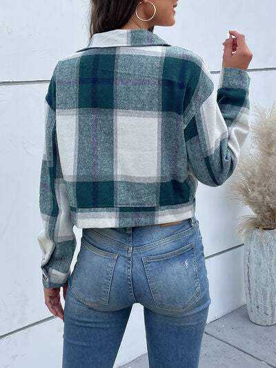 Plaid Button Up Drop Shoulder Cropped Jacket - Trendsi - Flyclothing LLC