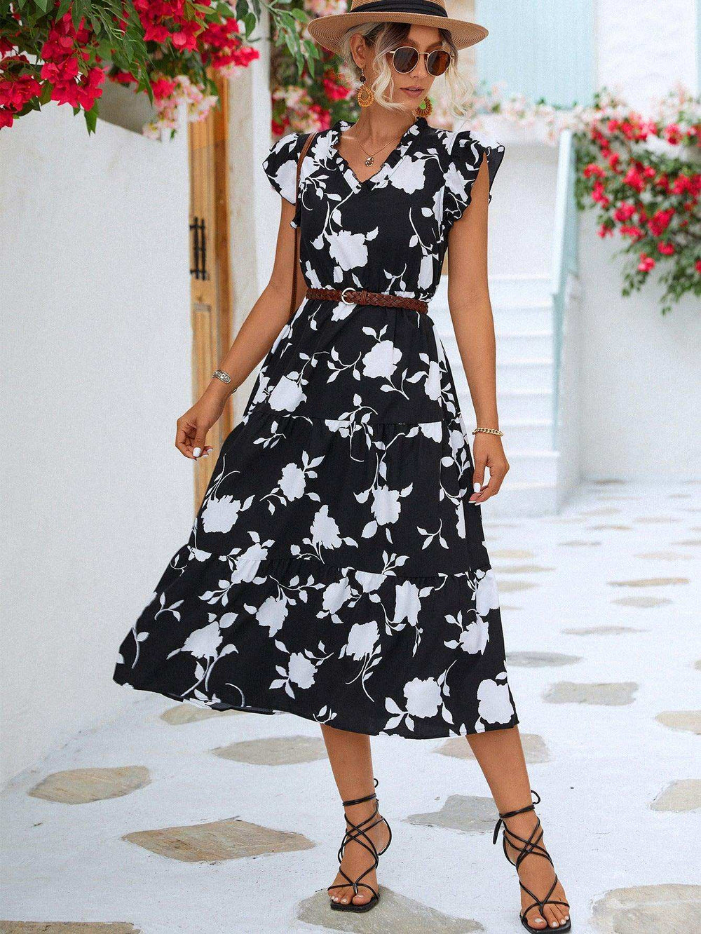 Floral Frill Trim V-Neck Tiered Midi Dress - Trendsi - Flyclothing LLC