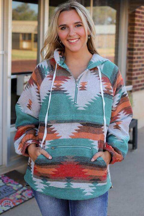 Geometric Half-Zip Drawstring Hoodie - Trendsi - Flyclothing LLC