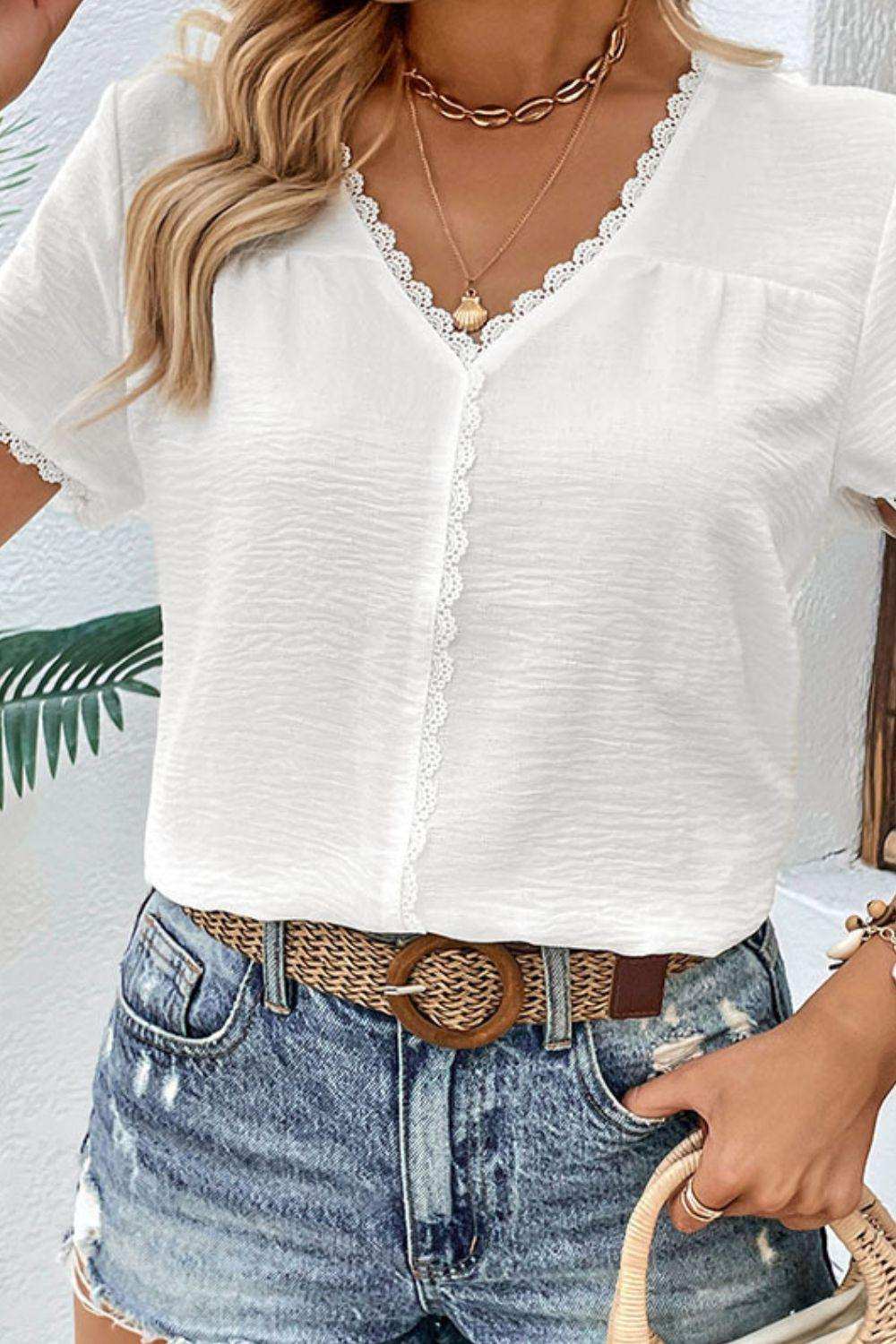 Textured Lace Trim Tee Shirt - Trendsi - Flyclothing LLC