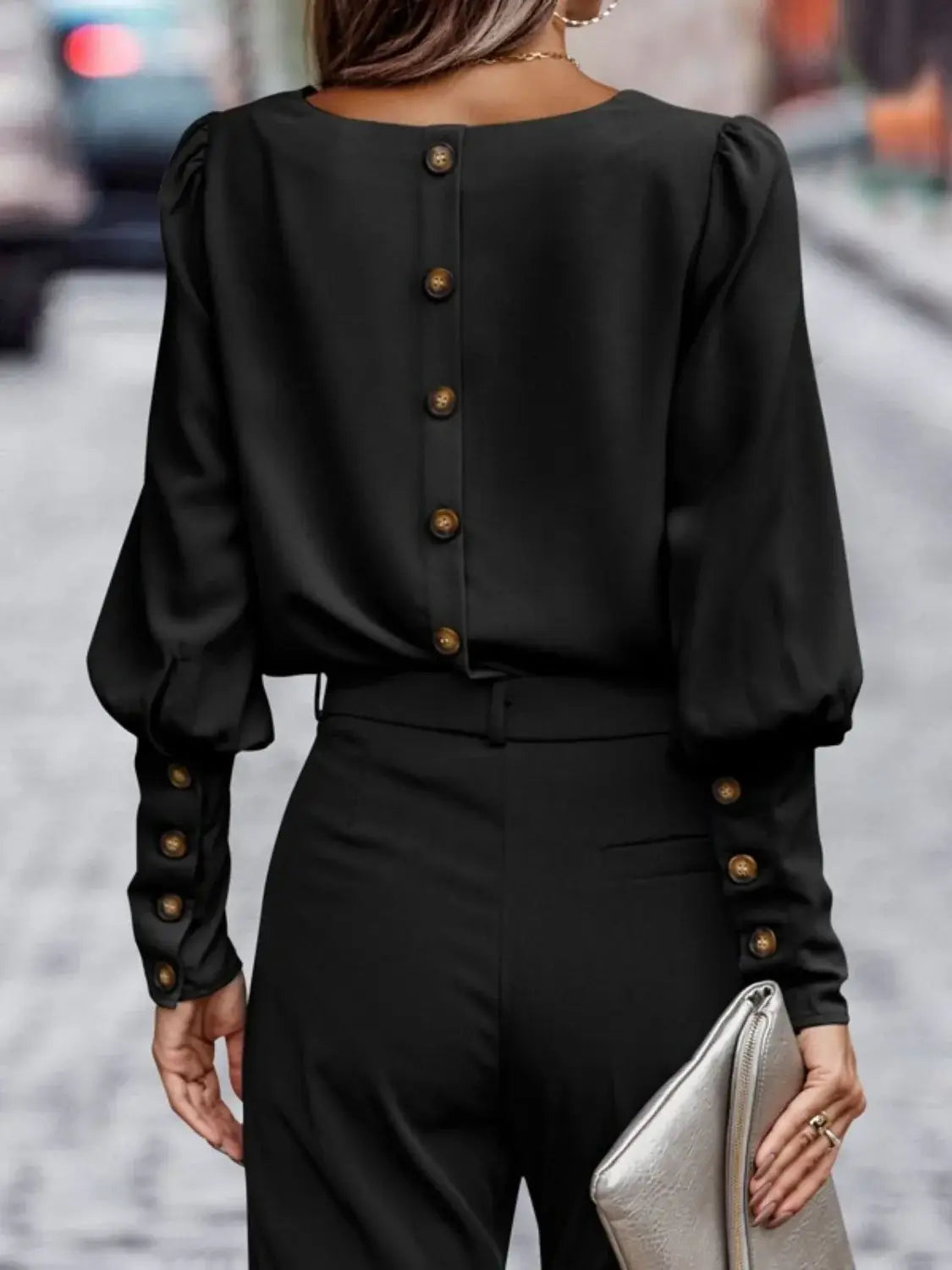 Round Neck Lantern Sleeve Blouse - Trendsi - Flyclothing LLC