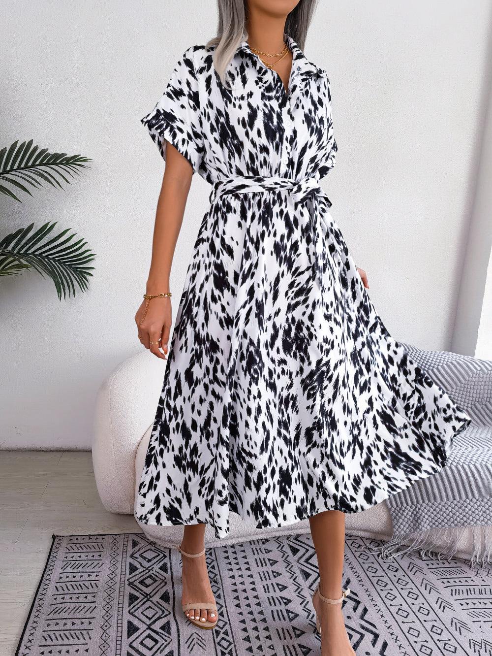 Printed Collared Neck Short Sleeve Tie Waist Dress - Trendsi