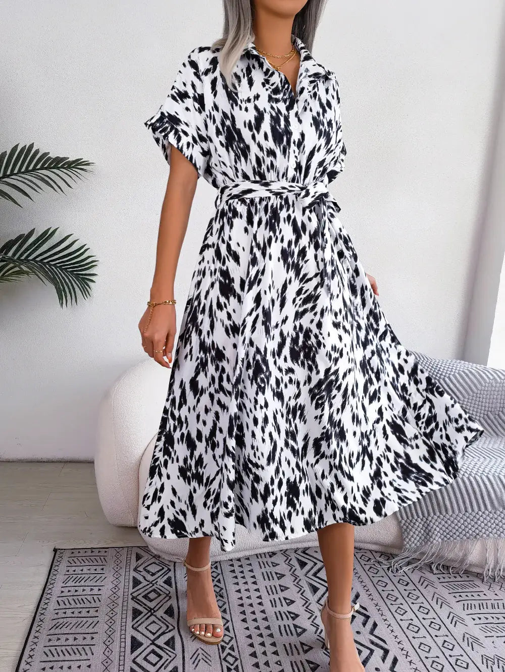 Printed Collared Neck Short Sleeve Tie Waist Dress - Trendsi - Flyclothing LLC