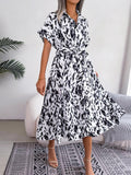 Printed Collared Neck Short Sleeve Tie Waist Dress - Trendsi