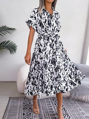 Printed Collared Neck Short Sleeve Tie Waist Dress - Trendsi