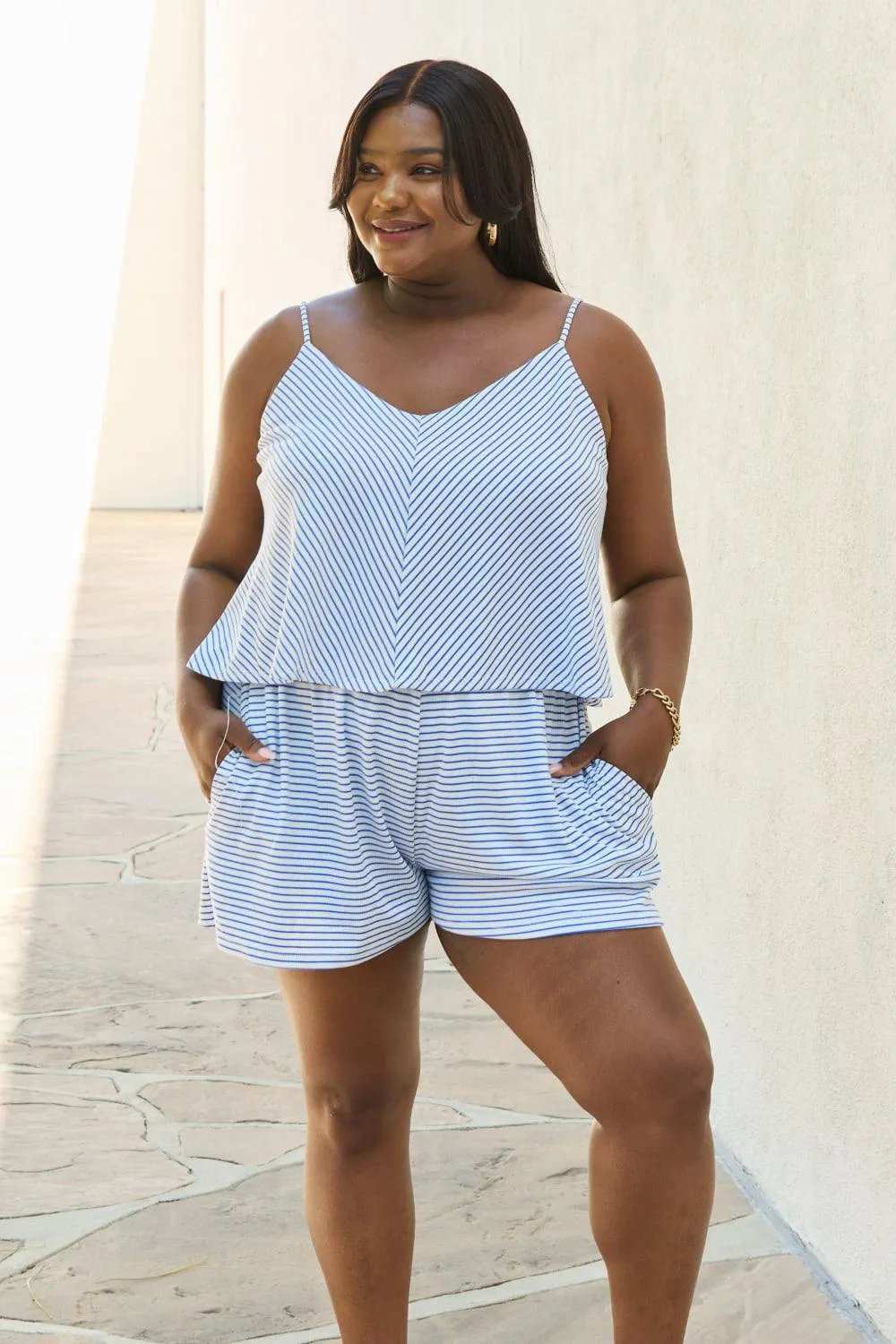 Culture Code Let It Happen Full Size Double Flare Striped Romper in Cobalt Blue - Trendsi - Flyclothing LLC