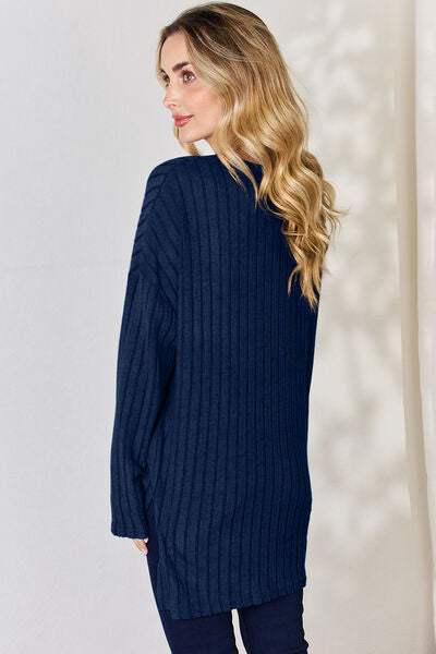 Basic Bae Full Size Ribbed Half Button Long Sleeve High-Low T-Shirt - Trendsi - Flyclothing LLC