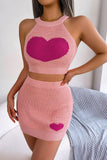 Heart Contrast Ribbed Sleeveless Knit Top and Skirt Set - Trendsi
