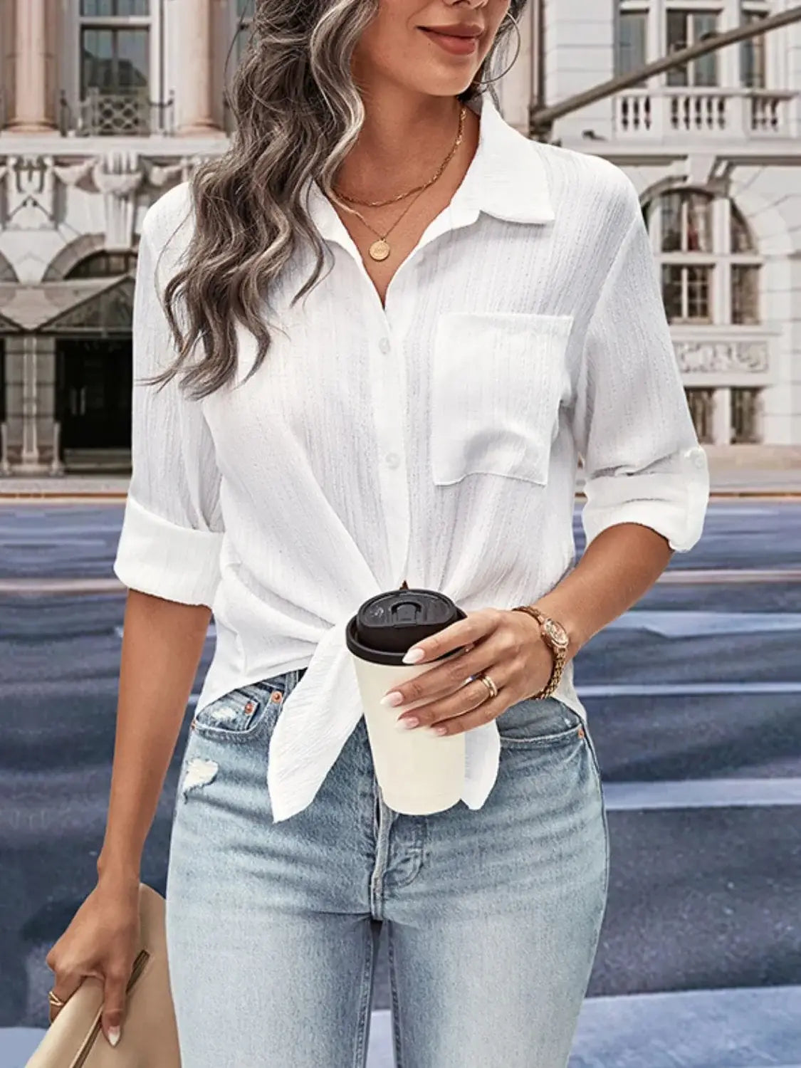 Collared Neck Half Sleeve Twisted Shirt - Trendsi - Flyclothing LLC