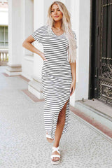 Striped V-Neck Slit Dress