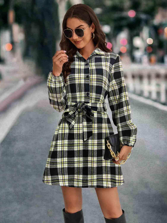 Plaid Tie Front Collared Neck Long Sleeve Dress - Trendsi - Flyclothing LLC