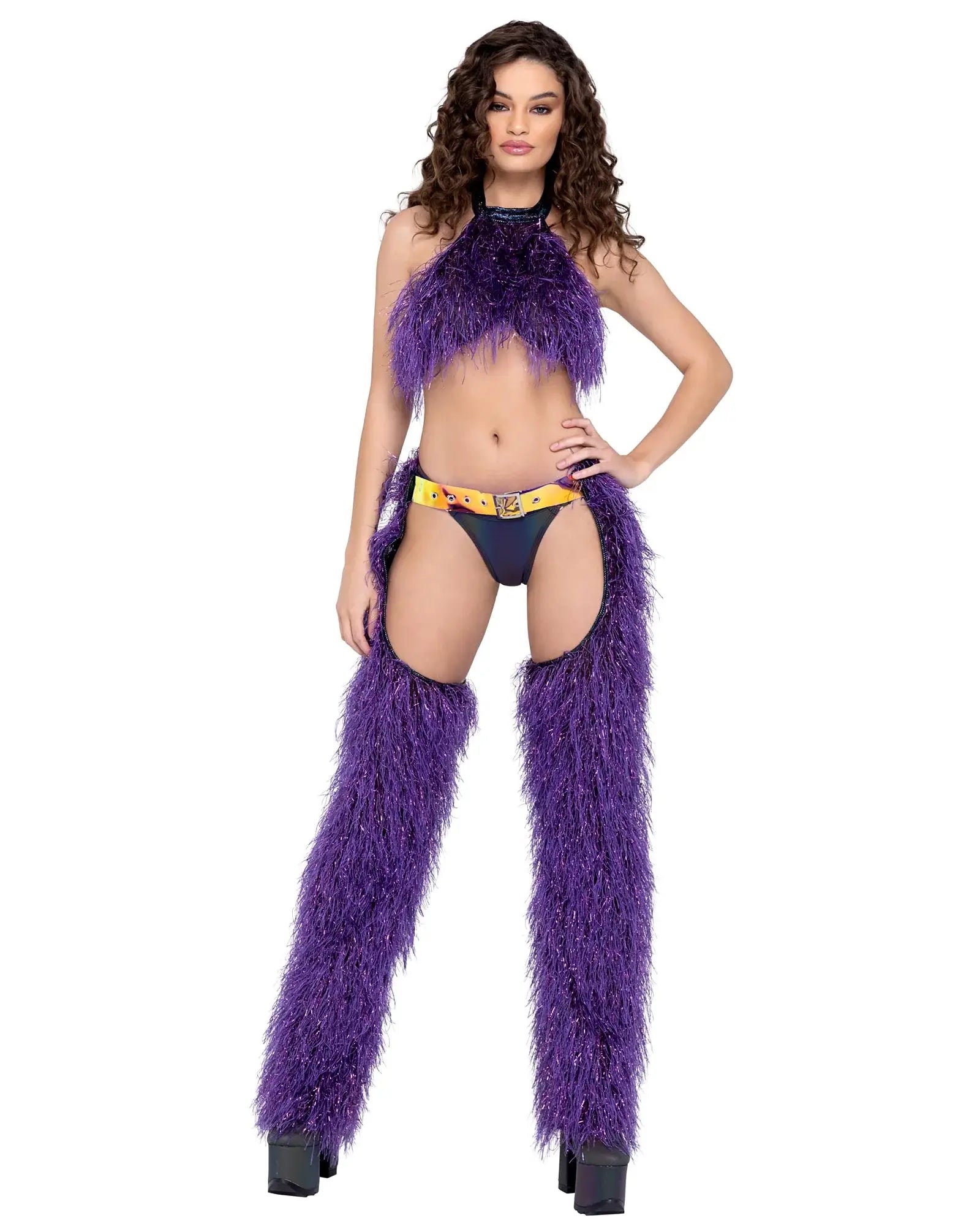 Roma Costume Faux-Fur Cropped Halter Neck Top Purple - Roma Costume - Flyclothing LLC
