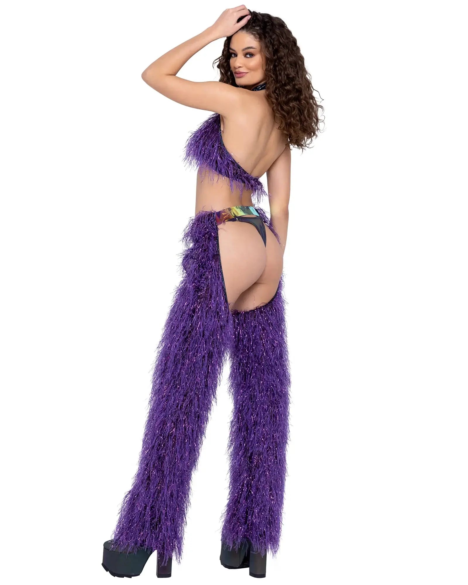 Roma Costume Faux-Fur Cropped Halter Neck Top Purple - Roma Costume - Flyclothing LLC