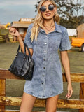Button Up Short Sleeve Mini Denim Dress - Trendsi