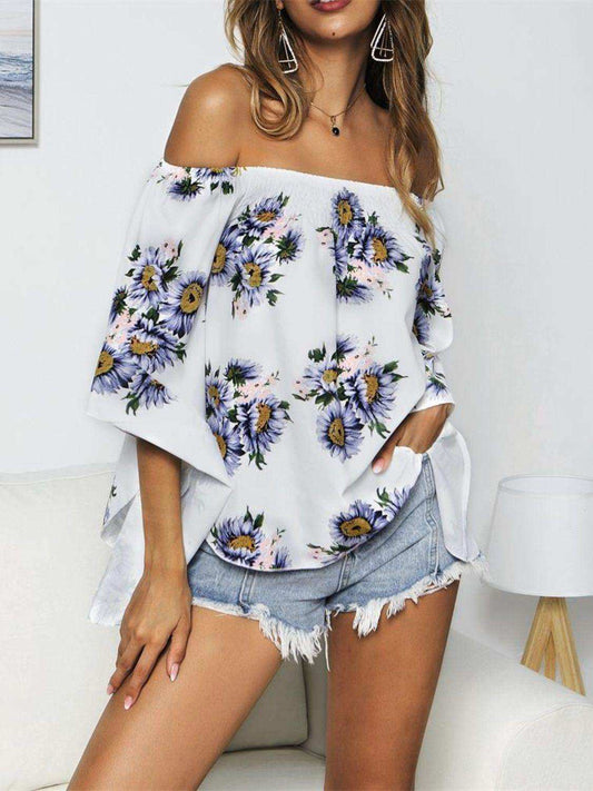 Floral Print Off-Shoulder Flounce Sleeve Blouse - Trendsi - Flyclothing LLC