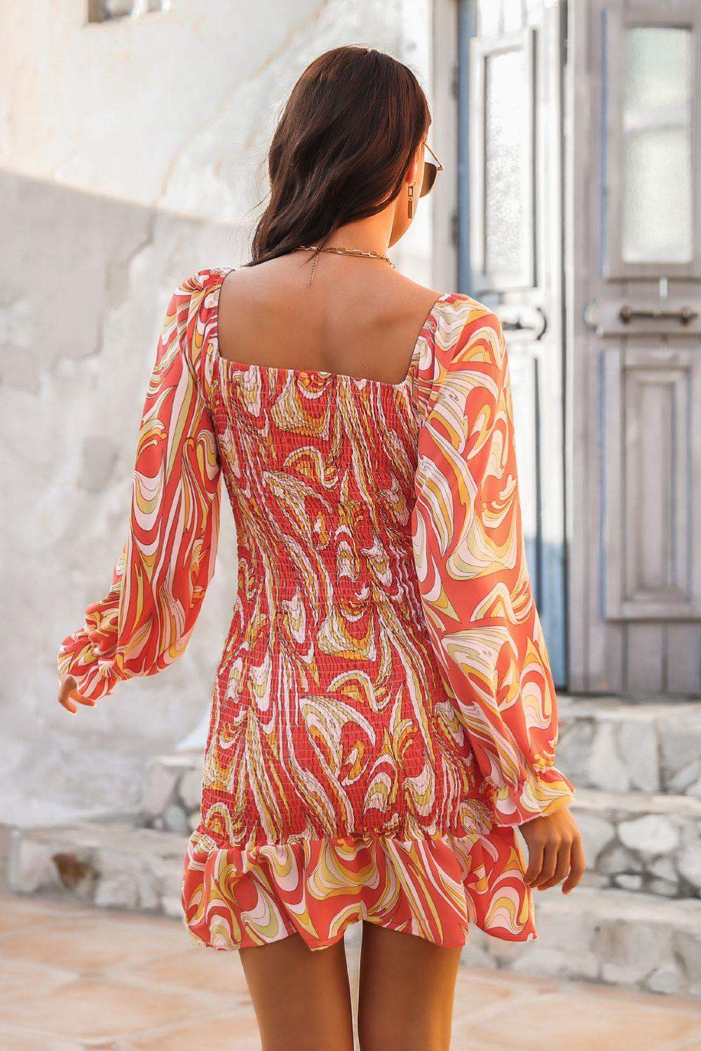 Abstract Print Square Neck Smocked Dress - Trendsi - Flyclothing LLC
