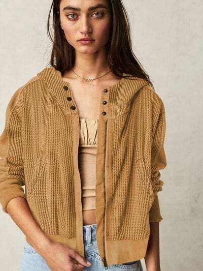 Waffle-Knit Dropped Shoulder Hooded Jacket - Trendsi - Flyclothing LLC