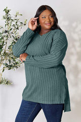 Basic Bae Full Size Ribbed Round Neck Long Sleeve Slit Top - Trendsi - Flyclothing LLC