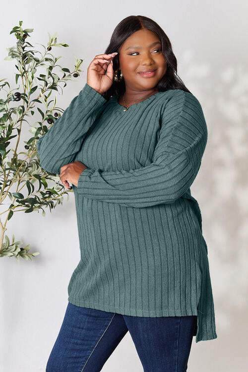 Basic Bae Full Size Ribbed Round Neck Long Sleeve Slit Top - Trendsi - Flyclothing LLC